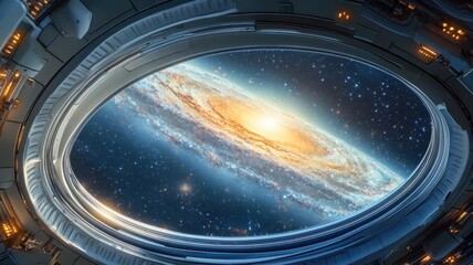 Viewing Andromeda Galaxy from observation deck of a futuristic spaceship with a glass dome