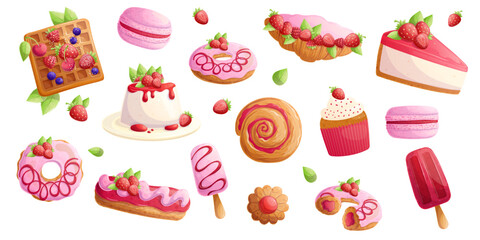 A set of delicious strawberry desserts on a white background. The concept of confectionery, baking, cooking. Isolated vector illustrations for menu design, posters, banners, covers