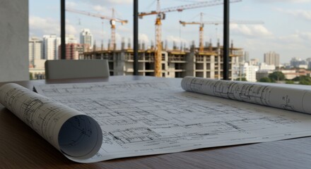 Obraz premium Architectural Blueprints on a Table with Construction Site in Background A Stunning View of Urban Development