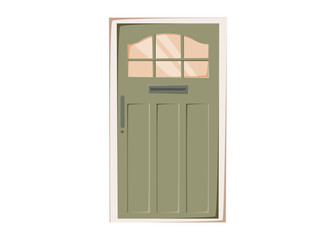Vector illustration of a cozy green cottage front door Flat style rural entrance with wooden texture and vintage farmhouse vibes. Isolated on white background.
