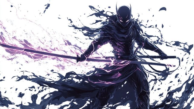 Fototapeta Dark ninja warrior wielding glowing katana.