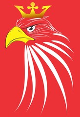 white and red composition with eagle's head in the middle