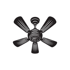 Ceiling Fan Silhouette Vector Illustration, Solid White Background.