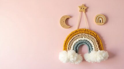 Obraz premium Wooden Toys and Handmade Rainbow Macrame on Soft Blush Pink Background for Text Placement