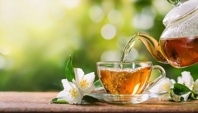 glass teapot pouring jasmine tea into cup on flower green bokeh background, spring drink concept with blossom, herbal tasty teatime, international world tea day sweet - Powered by Adobe