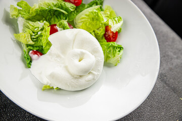 Salad burrata cheese buffalo milk cheese salad dish fresh gourmet food background on the table rustic food top view copy space keto and paleo diet vegetarian