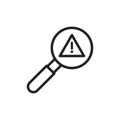Black outlined isolated illustration of magnifying lens glass and warning sign. Vector icon in flat style