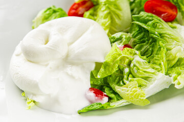 Salad burrata cheese buffalo milk cheese salad dish fresh gourmet food background on the table rustic food top view copy space keto and paleo diet vegetarian