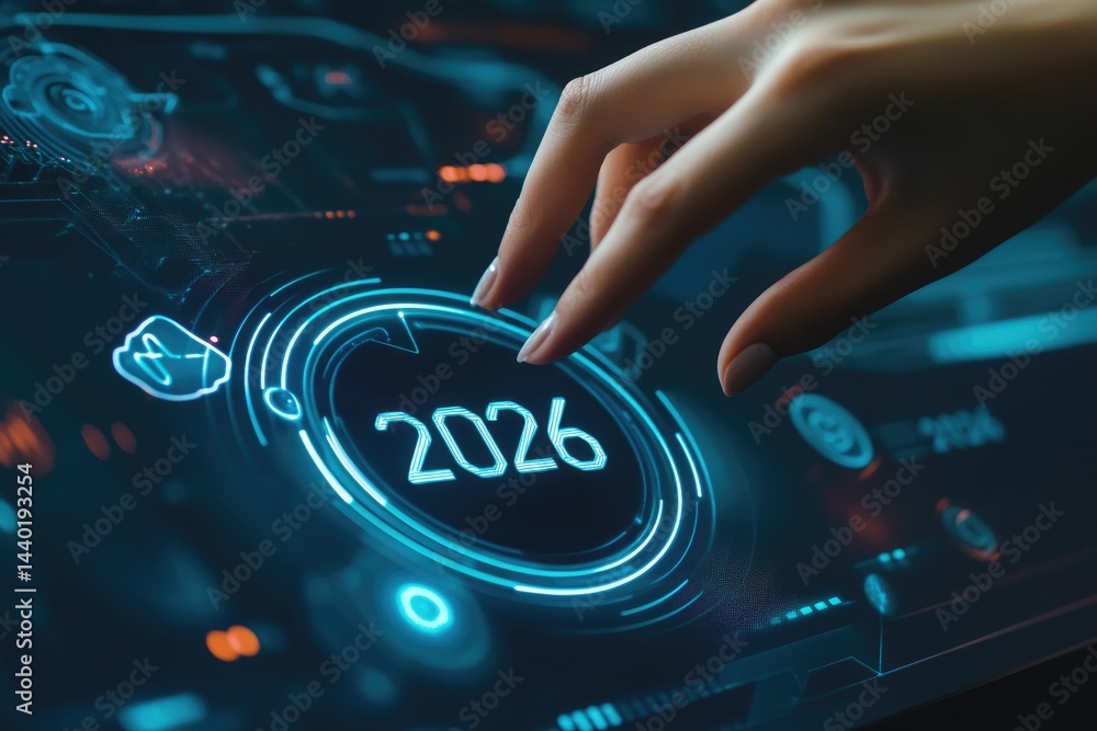 Poster hand interacting with futuristic digital touchscreen displaying glowing year 2026 surrounded by abst