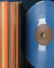 Close-up of a classic blue vinyl record displayed beautifully to showcase its unique color and design