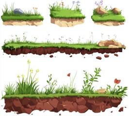 Grass patches on soil illustration, grass asset design isolated on white background 