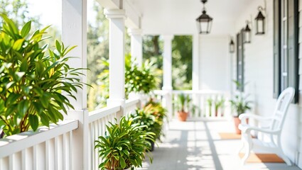Fototapeta premium Pristine White Porch with Lush Greenery, Ideal for Relaxation