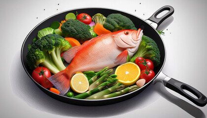 colorful illustration of fresh fish and vegetables in a frying pan representing healthy eating and vibrant cuisine