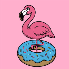  Cute Flamingo Standing on Blue Donut Cartoon Illustration