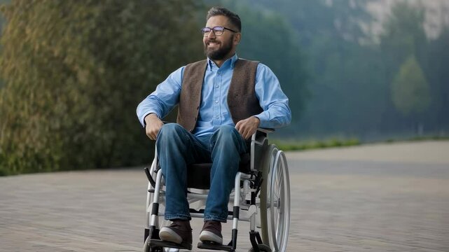 Happy man in wheelchair smiles outdoor on a sunny day. Adult male is disability person walking motion footage. Rehabilitation for handicapped invalid or paralyzed invalid video clip.