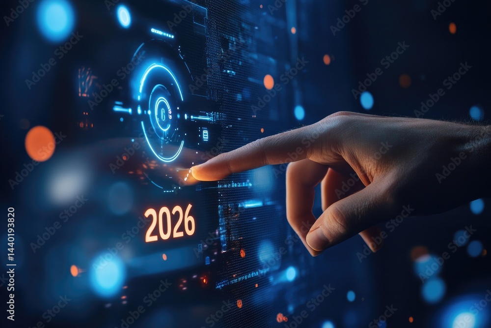 Aufkleber hand interacting with glowing digital interface displaying 2026 in dark blue futuristic setting
