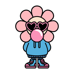 Cute Flower Character with Sunglasses and Bubble Gum