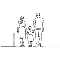 Happy family in continuous line art drawing style. Back view of parents with one child holding hands and walking together black linear sketch Ruler icon Vector Black silhouettes. with white background
