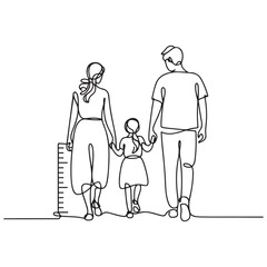 Happy family in continuous line art drawing style. Back view of parents with one child holding hands and walking together black linear sketch Ruler icon Vector Black silhouettes. with white background