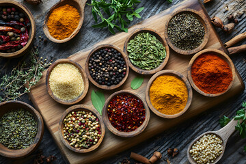 Organic Farm Grown Spices on Rustic Wooden Board