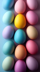 Group of easter colored eggs on a blue surface vertical background