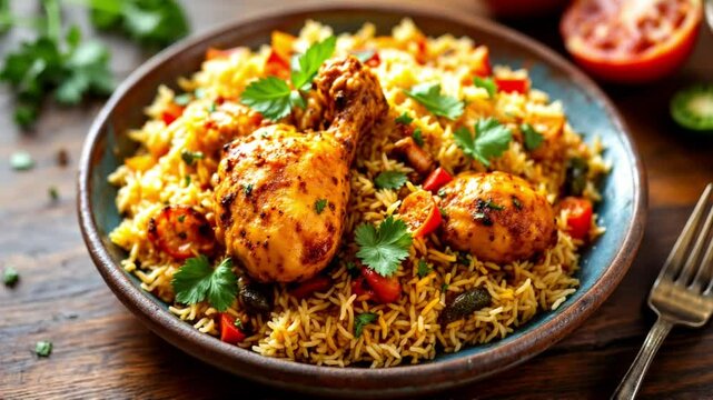 Delicious chicken biryani served on plate garnished with cilantro aromatic indian dish with rice