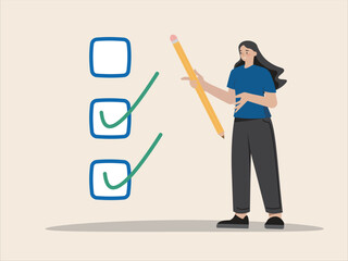 Fototapeta premium Criteria checklist report, evaluation, complete checkbox, finish work to do list or task done quality assurance control checkmark concept. Happy woman tick on completion checklist vector flat design.