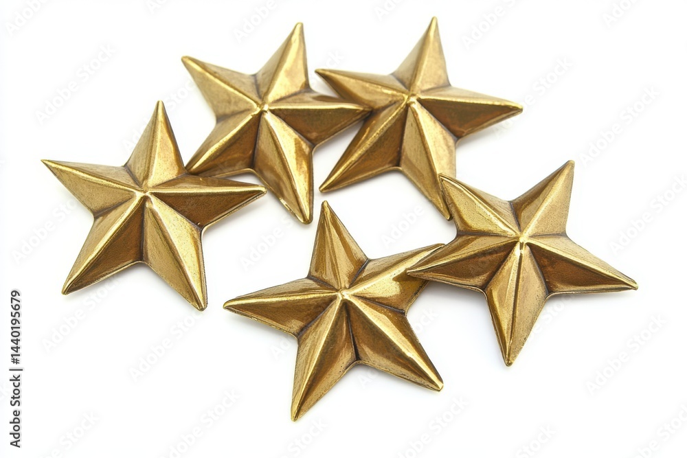 Poster a group of five golden star shaped objects arranged on a plain white surface in a studio setting