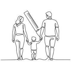 Happy family in continuous line art drawing style. Back view of parents with one child holding hands and walking together black linear sketch Ruler icon Vector Black silhouettes. with white background