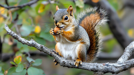 Obraz premium Squirrel Eating Nut on Tree Branch in Nature Setting