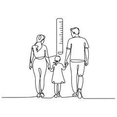 Happy family in continuous line art drawing style. Back view of parents with one child holding hands and walking together black linear sketch Ruler icon Vector Black silhouettes. with white background