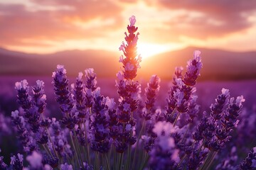 Fototapeta premium Lavender field at sunset with soft light and mountain silhouette