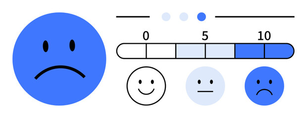 Set of emoticons with sad, neutral, and happy faces alongside a numbered scale from 0 to 10. Ideal for feedback forms, customer satisfaction, mental health assessments, user reviews, surveys