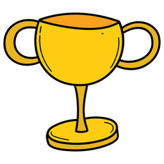 Hand drawn cartoon gold trophy on white background.