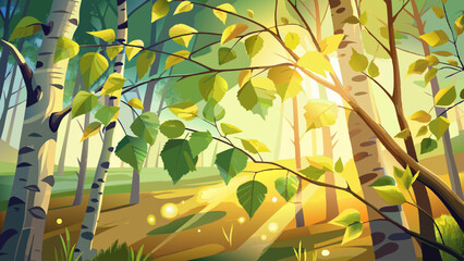 Obraz premium Very beautiful branches fresh sunlight bright birch background spring foliage natural tree branch freshness ament earring beautiful park nature growth bokeh garden closeup environment beam grove fores