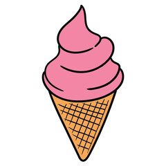 Hand drawn cartoon ice cream in waffle cone on white background.