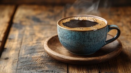 Aromatic Hot Coffee in Rustic Blue Mug on Wooden Table
