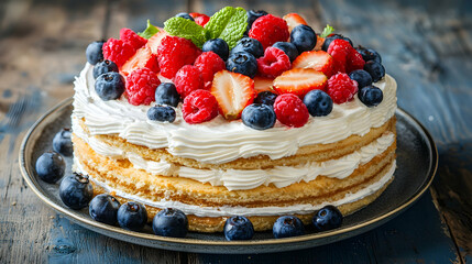 Delicious Cream Cake Topped with Fresh Berries and Mint Leaves