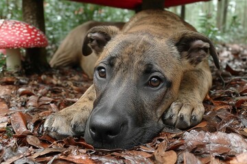 Forest Canine: A Dog Lying Amidst Fallen Leaves and Mushrooms