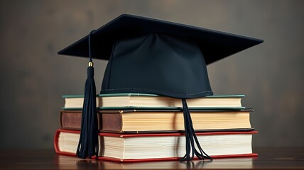 A graduation cap resting on a stack of books