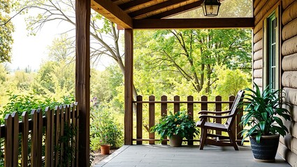 Obraz premium Rustic Porch, Wooden Fence, Lush Garden Oasis