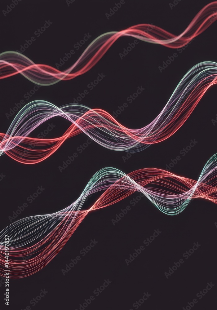 Poster abstract red and teal light waves flowing dynamically across dark background elegant swirling lines