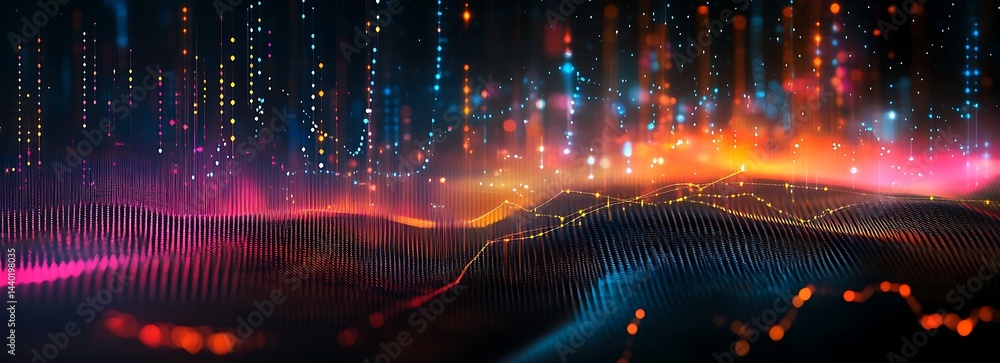 Poster digital data landscape: an abstract depiction of the digital realm, featuring vibrant, interconnecte