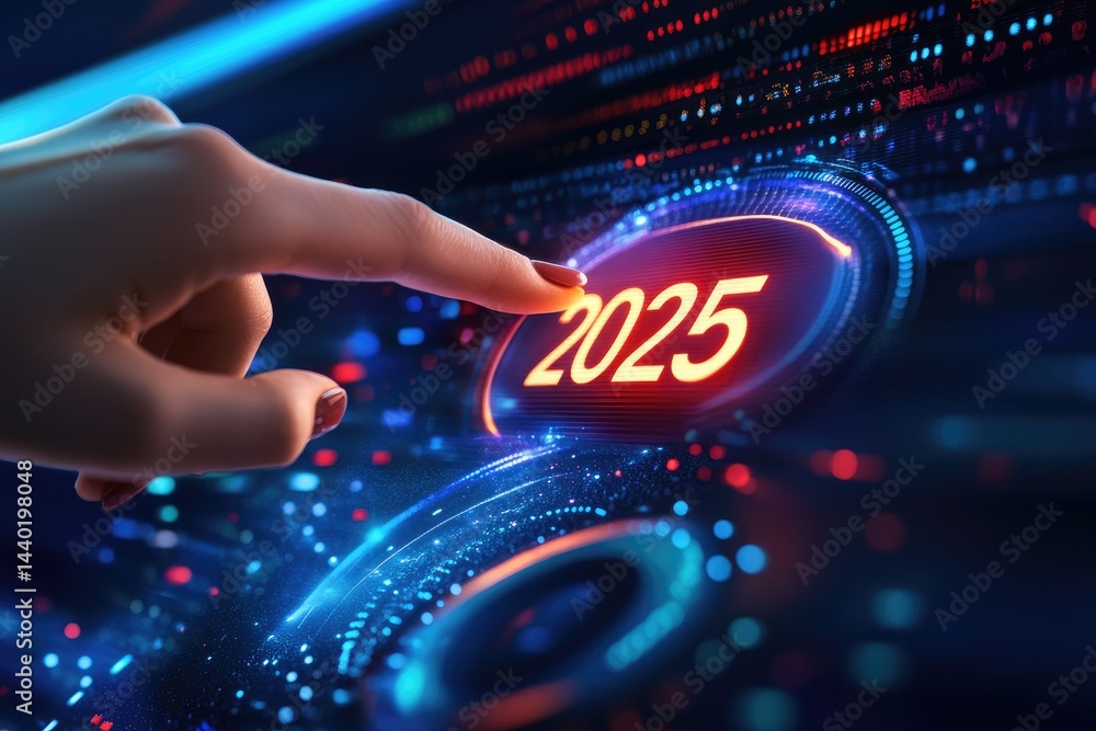 Poster illuminated 2025 on digital matrix points to the future of technology and hand touching bright numbe