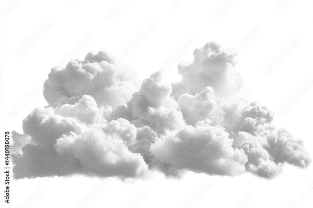 Poster a fluffy mass of white clouds isolated on a white background in a studio setting for compositing
