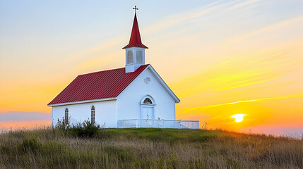 Fototapeta premium Charming White Church with Red Roof at Sunset Over Grasslands