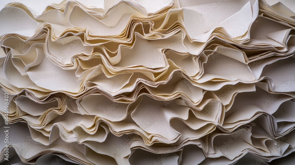 Poster neatly stacked pile of folded paper displaying various textures and colors for creative projects