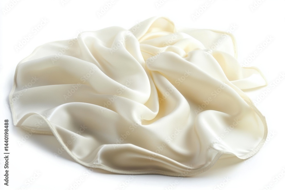 Poster a soft pile of creamy white fabric with smooth folds on a white background in a studio setting