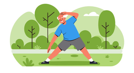 Senior man stretching in a green park on a sunny day, for advertising active longevity programs and active leisure  