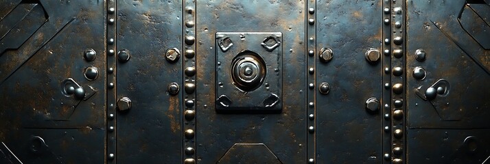 Fototapeta premium Rust-Textured Metal Door: An up-close view of a heavily textured metal door, with detailed rivets and signs of rust